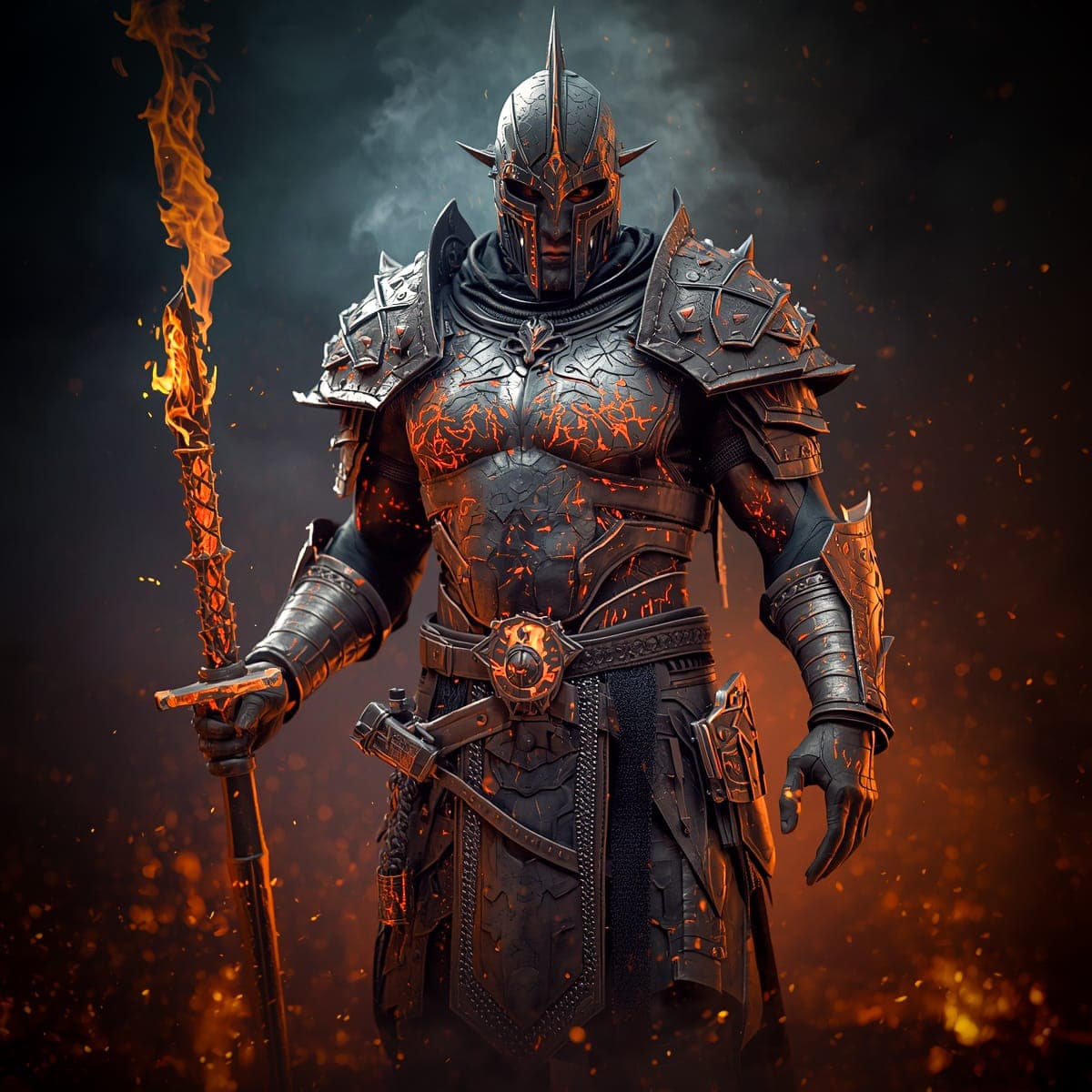 AI generated: A full-body portrait of a male infernal warden clad in scorched iron armor veined with ember-lit cra...