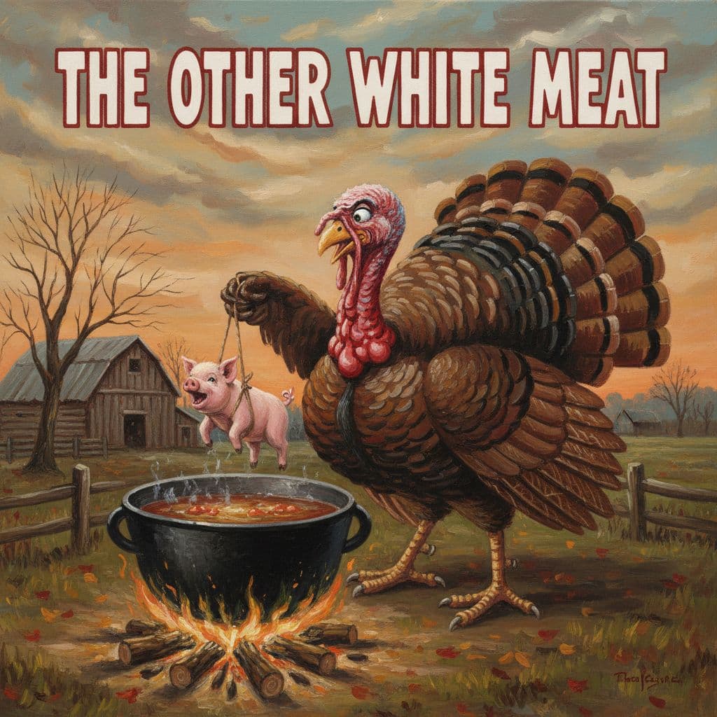 AI generated: acrylic oil painting of a turkey carrying a piglet to a cooking pot with the text 'The Other White M...