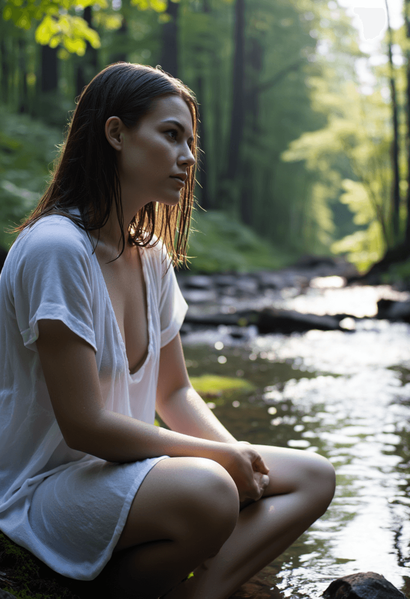 AI generated: A woman with wet, dark hair and a soaked summer dress sits barefoot on the bank of a serene stream, ...