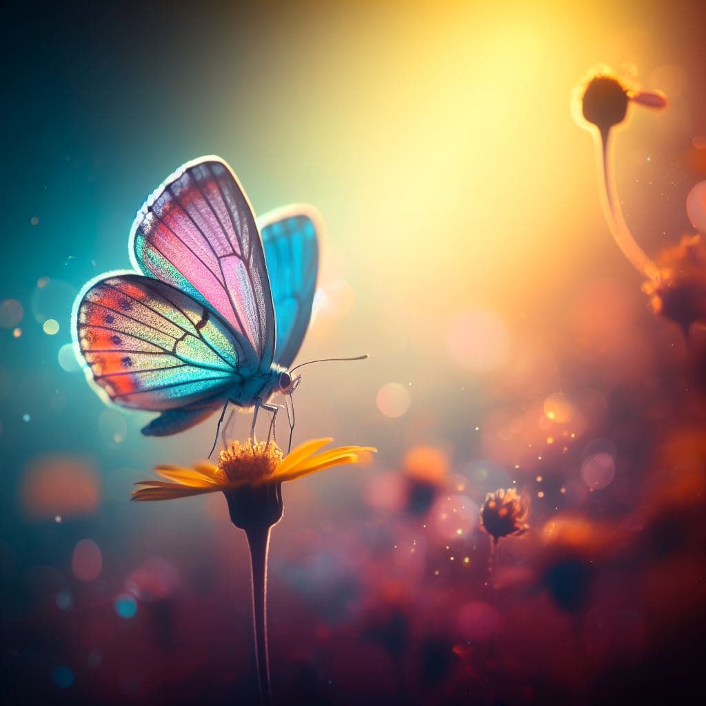 AI generated: A colorful rainbow butterfly on a flower, f:1.2,4k, soft sun lighting