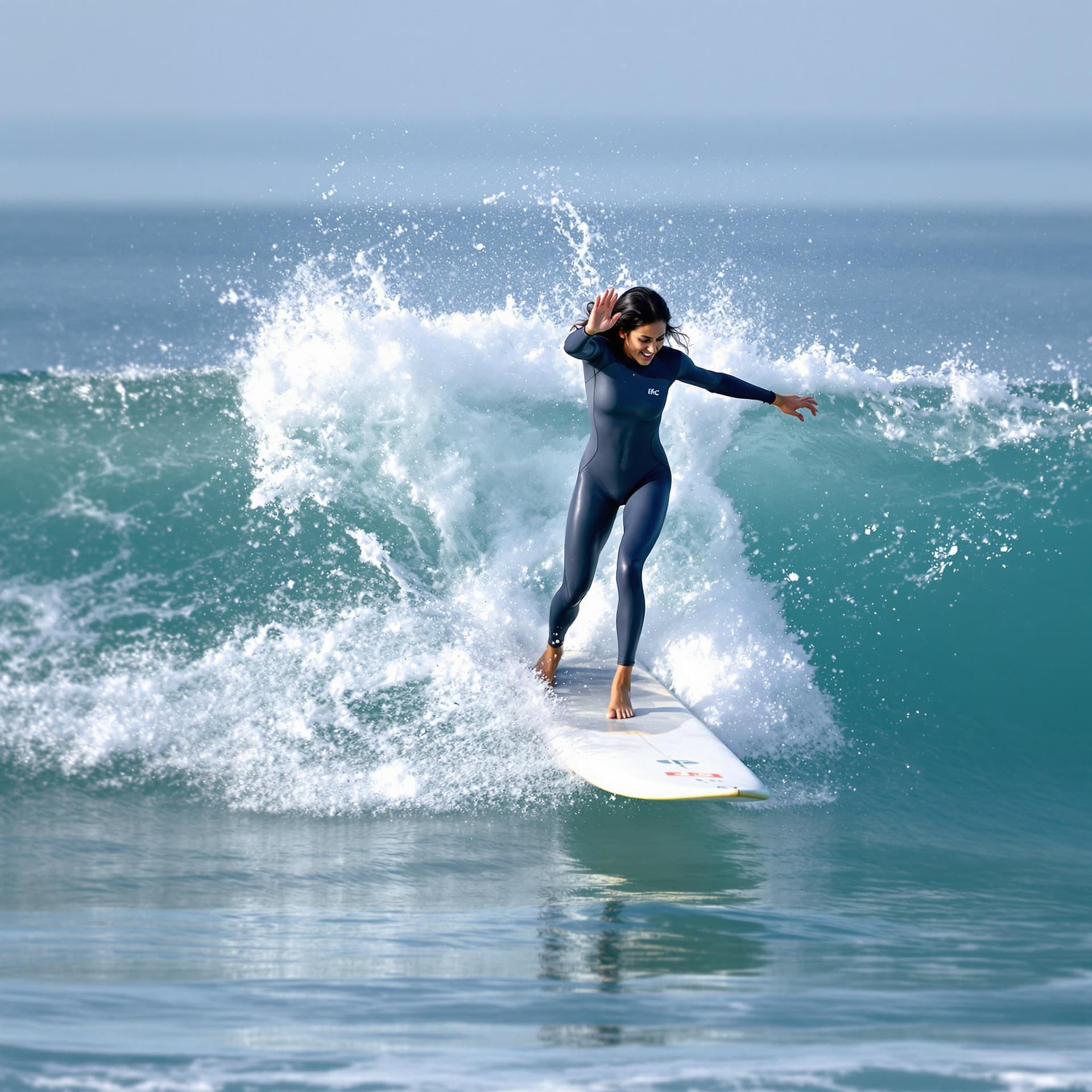 AI generated: The image features a Indian woman riding a wave on a surfboard. She is skillfully navigating the wav...