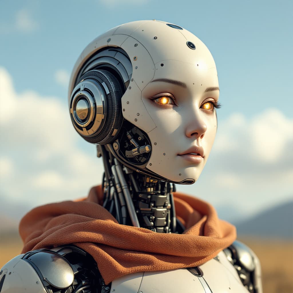AI generated: Yakın çekim bir portre oluşturun; bu portrede, çok detaylı beyaz parlak seramikten bir robot formu s...