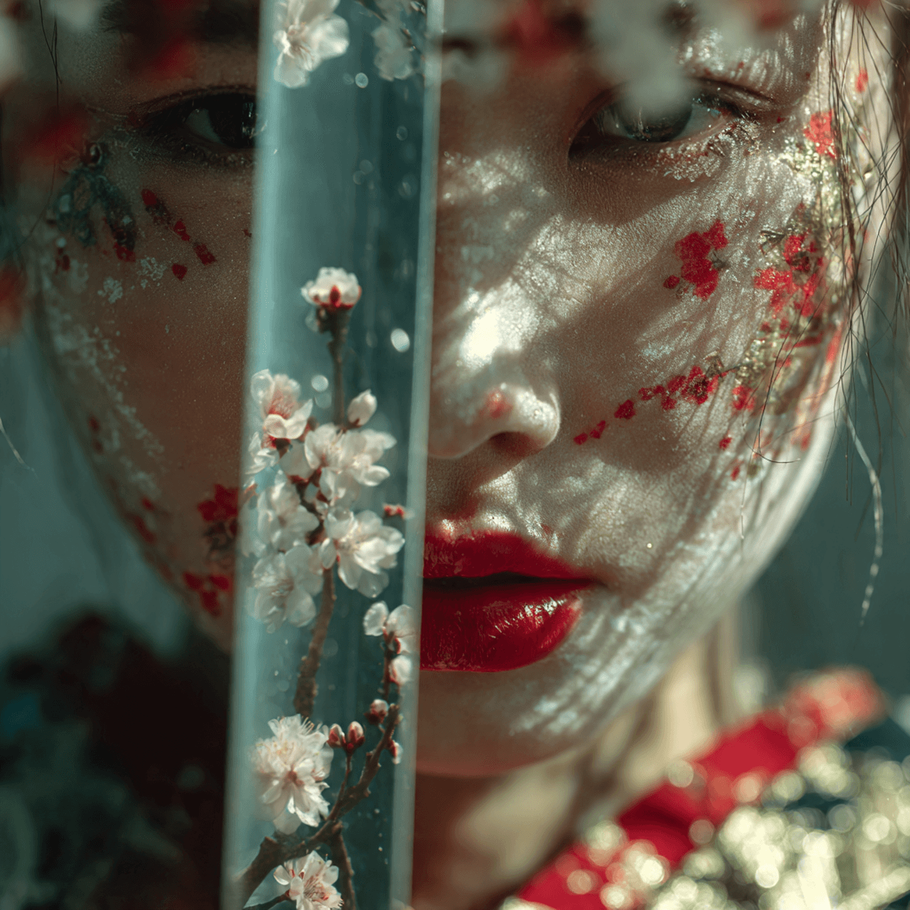 AI generated: Geisha,close up,transparent katana with sakura tree inside