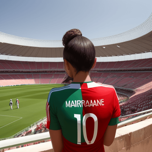 AI generated: A 30-year-old woman wears an morocco soccer team view from her back with the name "Smahane" watching...