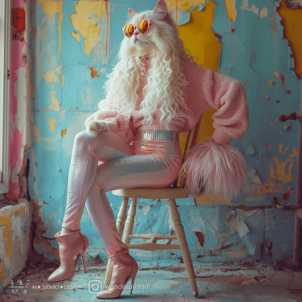 AI generated: full body photograph of an extremely beautiful and glamorous albino cat with long white fur, wearing...