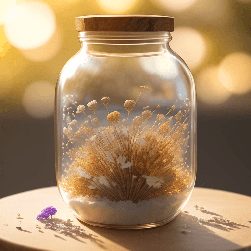 AI generated: Grost crystals growing on an elegant glass jar with dried flowers on a rustic table, bokeh, soft lig...