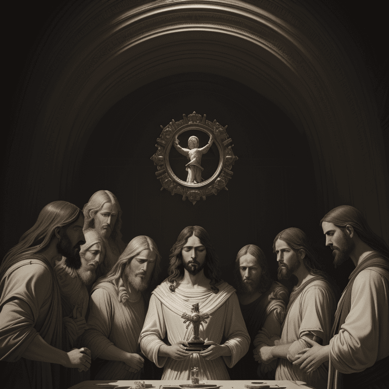 AI generated: Jesus and the twelve apostles, dreamy atmosphere, symmetrical baroque painting, perfect composition,...