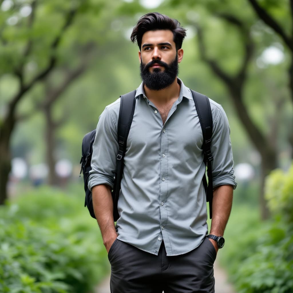 AI generated: A tall man with 6 foot height, medium length black hairs and medium long black beard. Wearing casual...