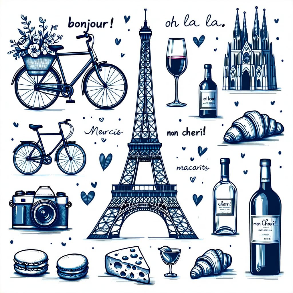 AI generated: A whimsical line art digital illustration celebrating Paris in a playful and romantic style. The com...
