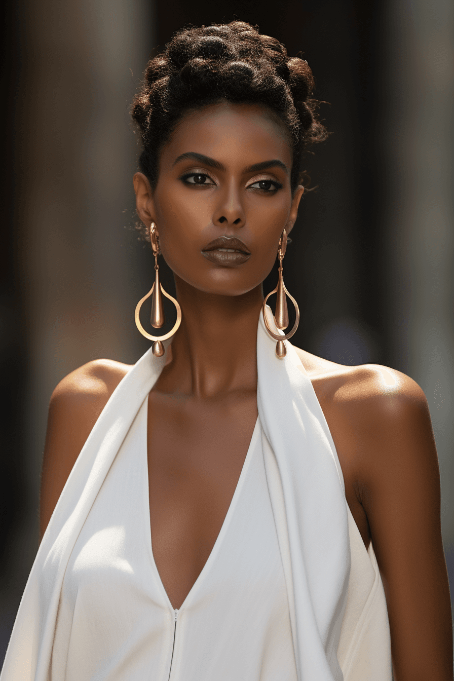 AI generated: A closeup photo of a minimal modern fashion show model wearing a white outfit with large gold earrin...
