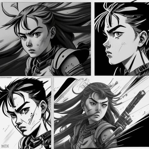 AI generated: aloy, in the style of comic book-style art, bold, manga-inspired characters, close up, cartoon viole...