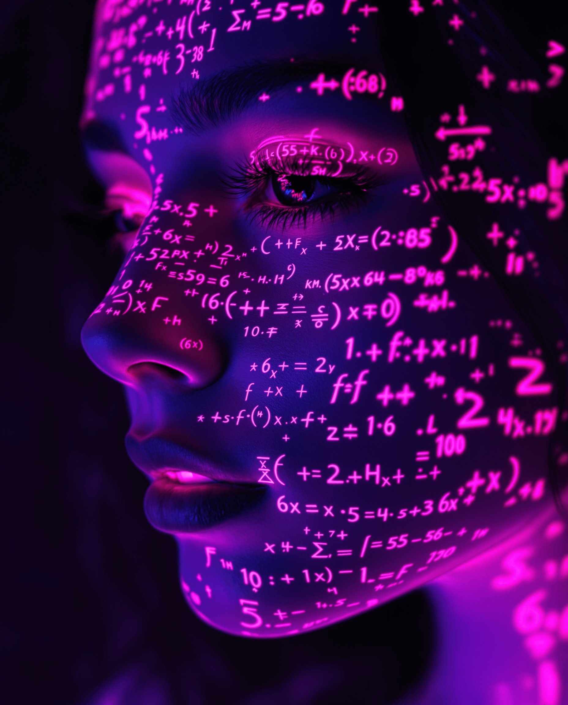 AI generated: Shadowrun Math Projection - A close-up of a person's face (Jessica Szohr) with set logical ambient b...