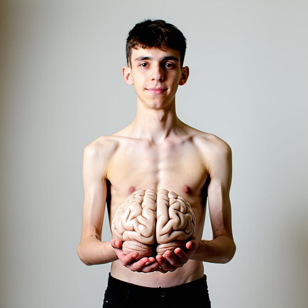 AI generated: a very skinny college age guy easily holds a brain in his hands and presents it proudly to the camer...
