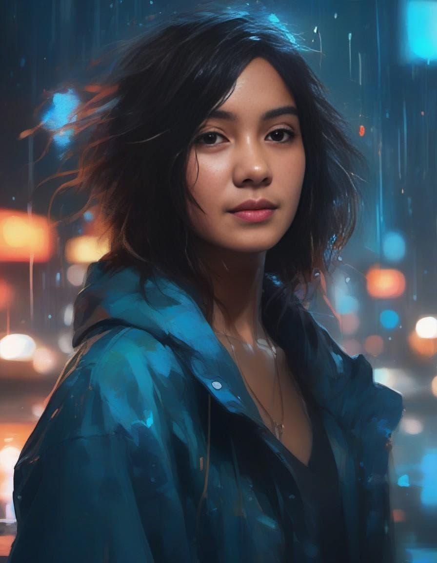 AI generated: a close up of a person with blue hair, inspired by Ross Tran, digital art, dark glowing rain, artwor...