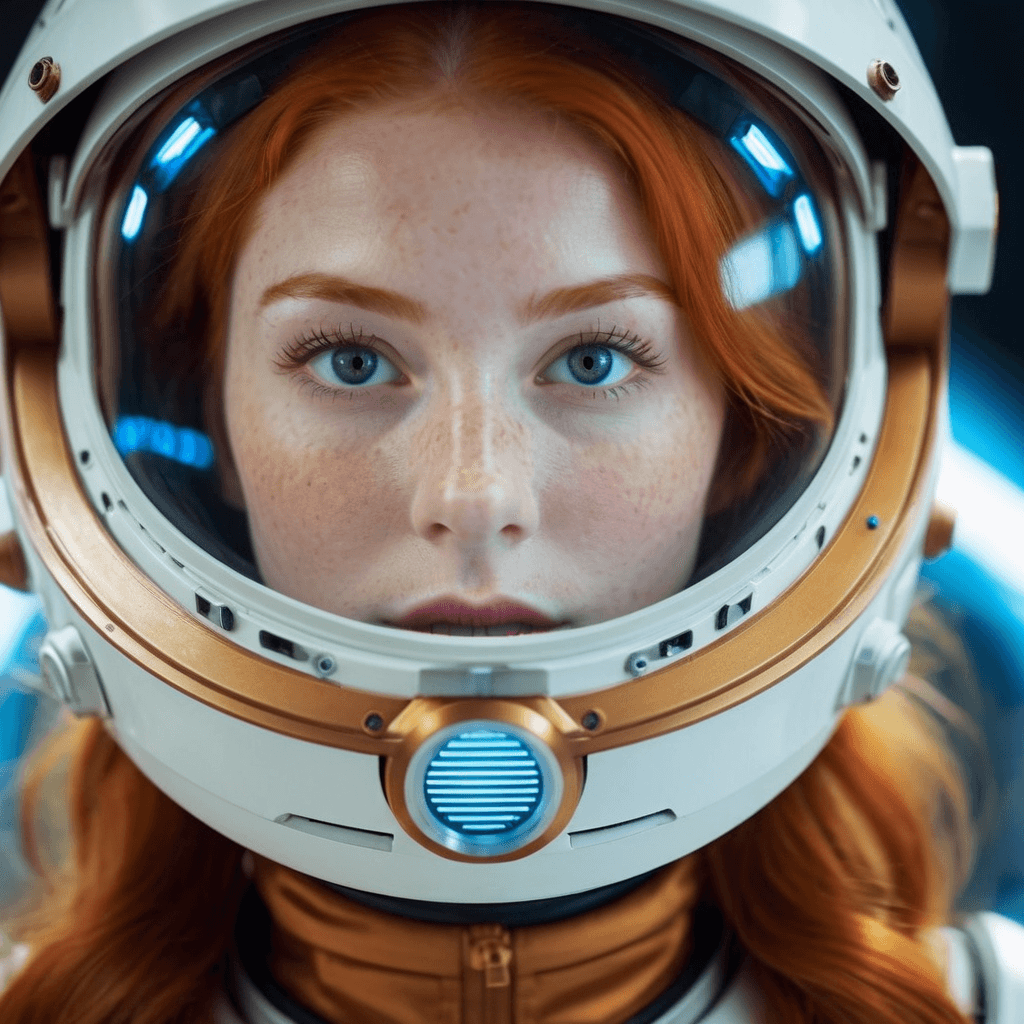 AI generated: Photo of a ginger woman, in space, futuristic space suit, (freckles:0.8) cute face, sci-fi, dystopia...