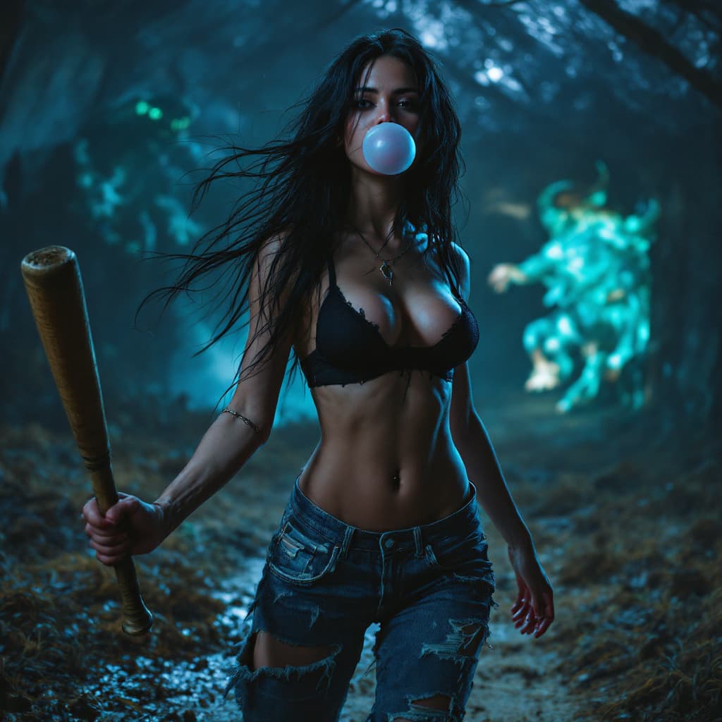 AI generated: full body view a woman, black long hair, black bra, tattered blue jeans , barefoot, with a baseball ...