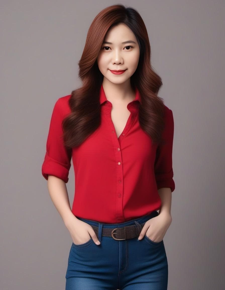 AI generated: high resolution image of a pretty woman wearing bluejeans and a red shirt with red hair 