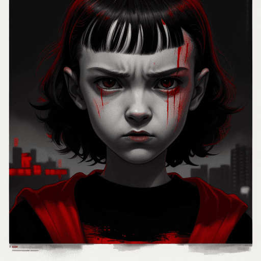 AI generated: poster of Eleven from stranger things in black and red and in red shirt, in the style of modern ink ...