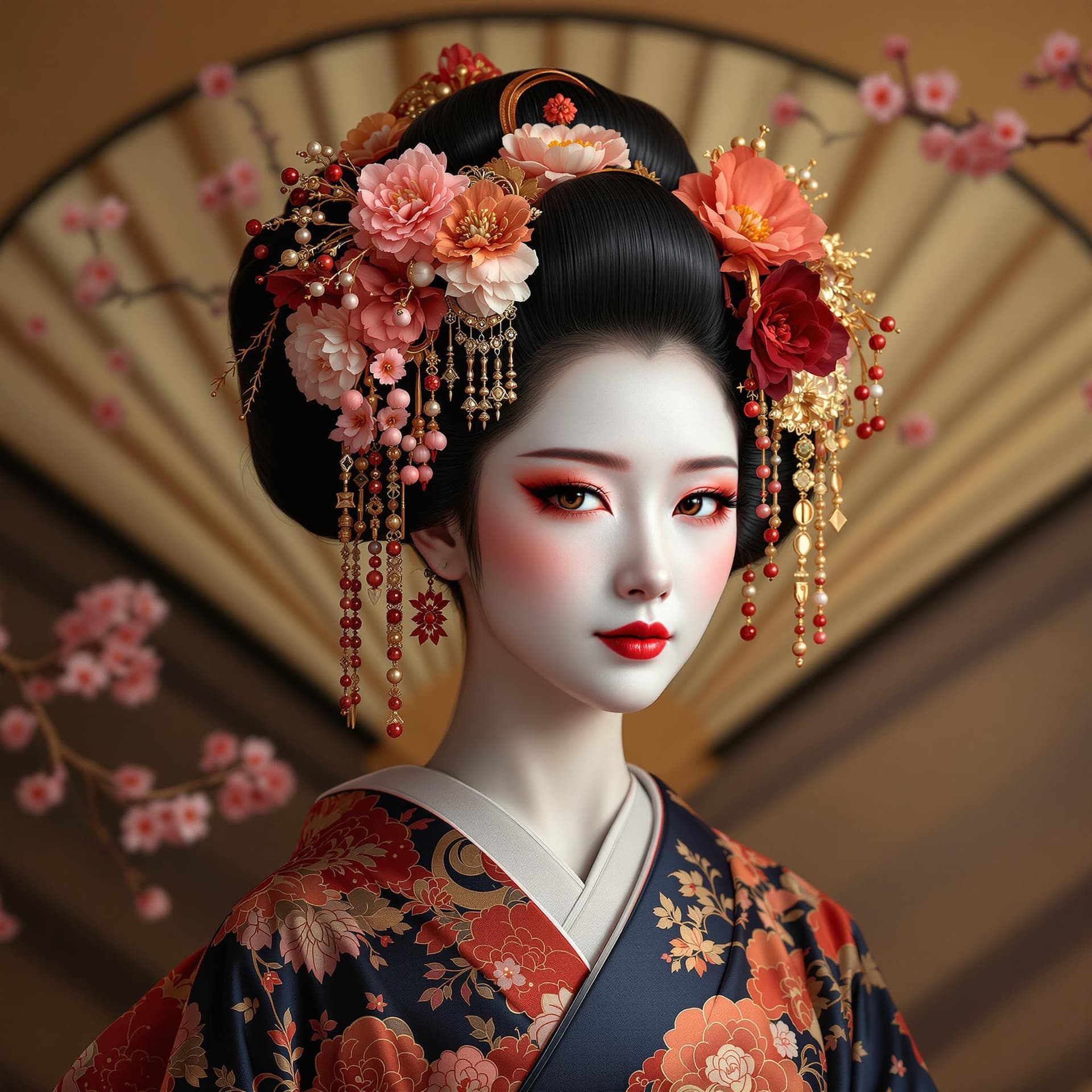 AI generated: A hyperrealistic portrait of a geisha.  Intricate details of ornate hair accessories, including flow...