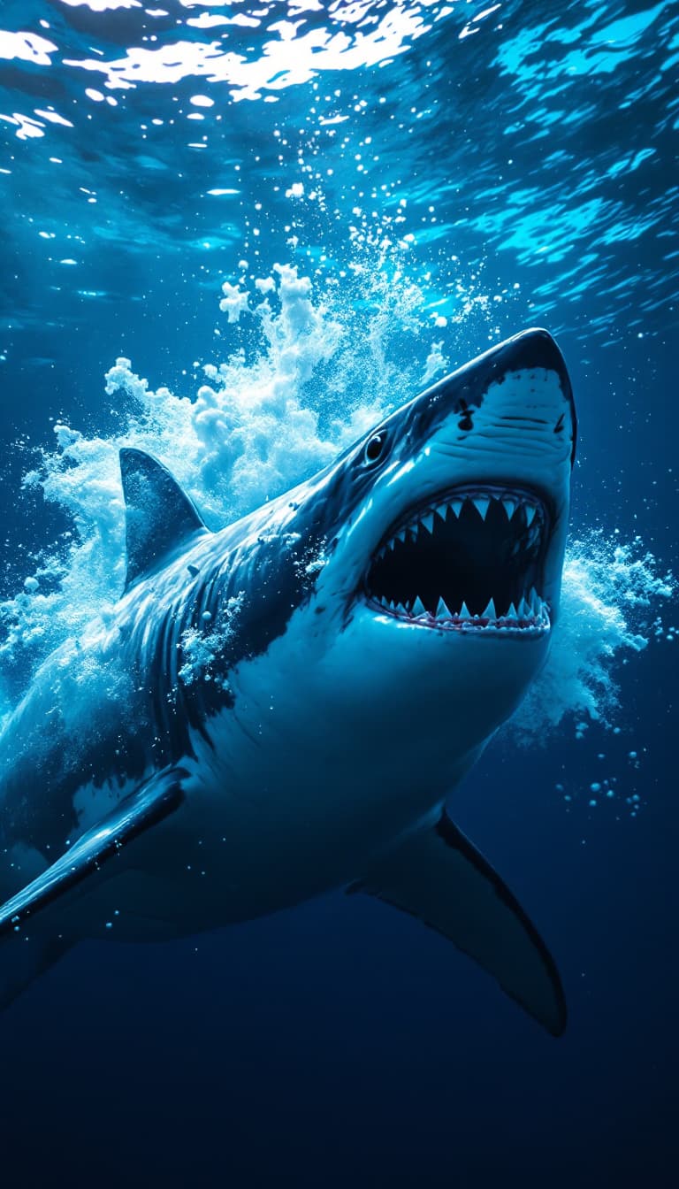 AI generated: an enormous great white shark swimming powerfully through deep blue ocean waters, sharp teeth visibl...