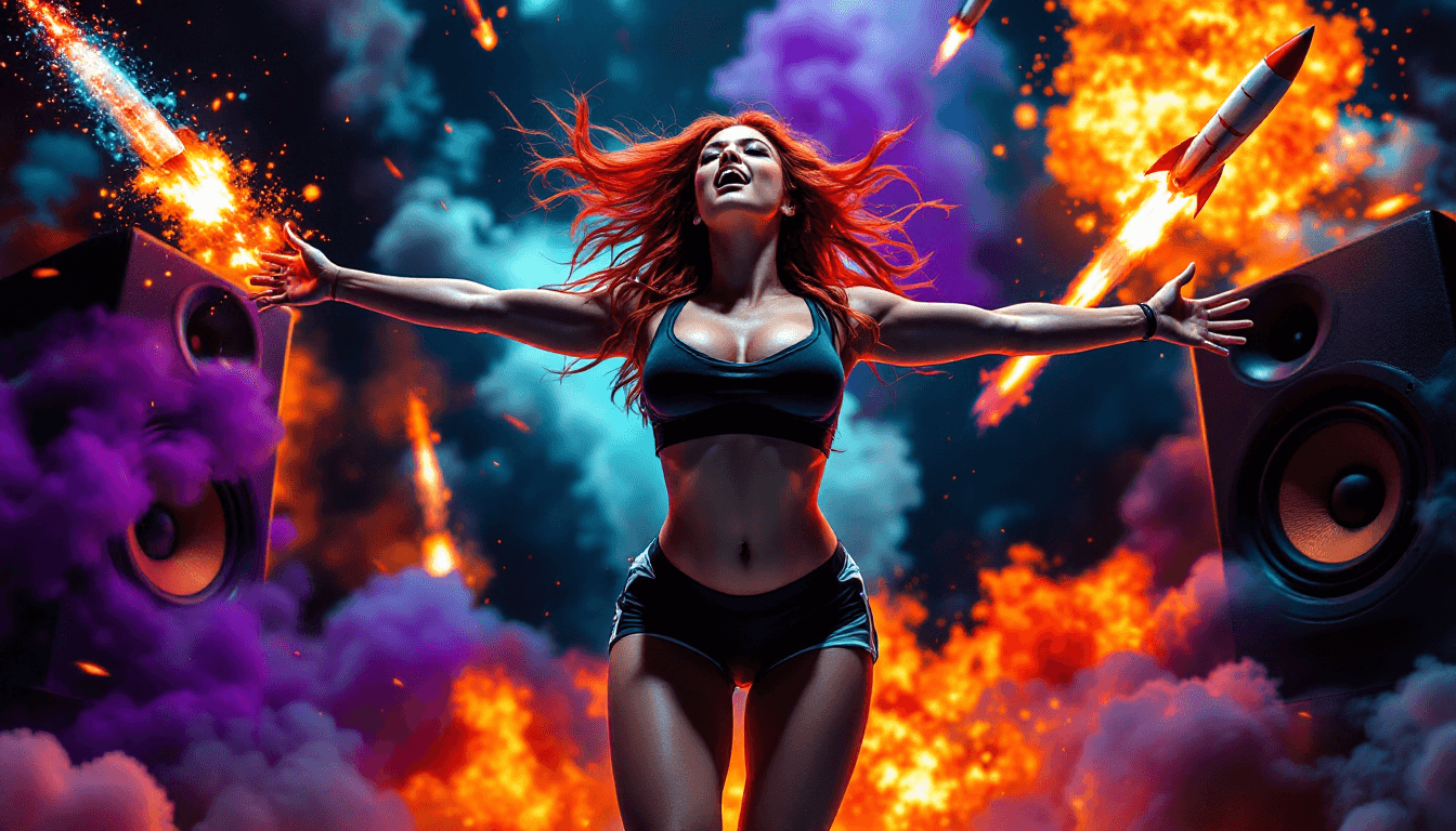 AI generated: Energetic Stunning Curvy female red Hair figure, mid-20s, light skin,  exhibits dynamic pose with ar...