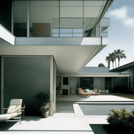 AI generated: Hyper realistic eye level exterior photo of a mid century modern style house overlooking the ocean, ...