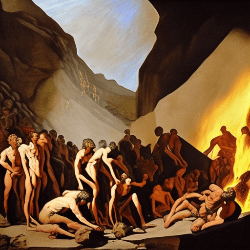 AI generated: detailed oil painting of the allegory of the cave by plato, figue shadows on the wall, fire burning ...