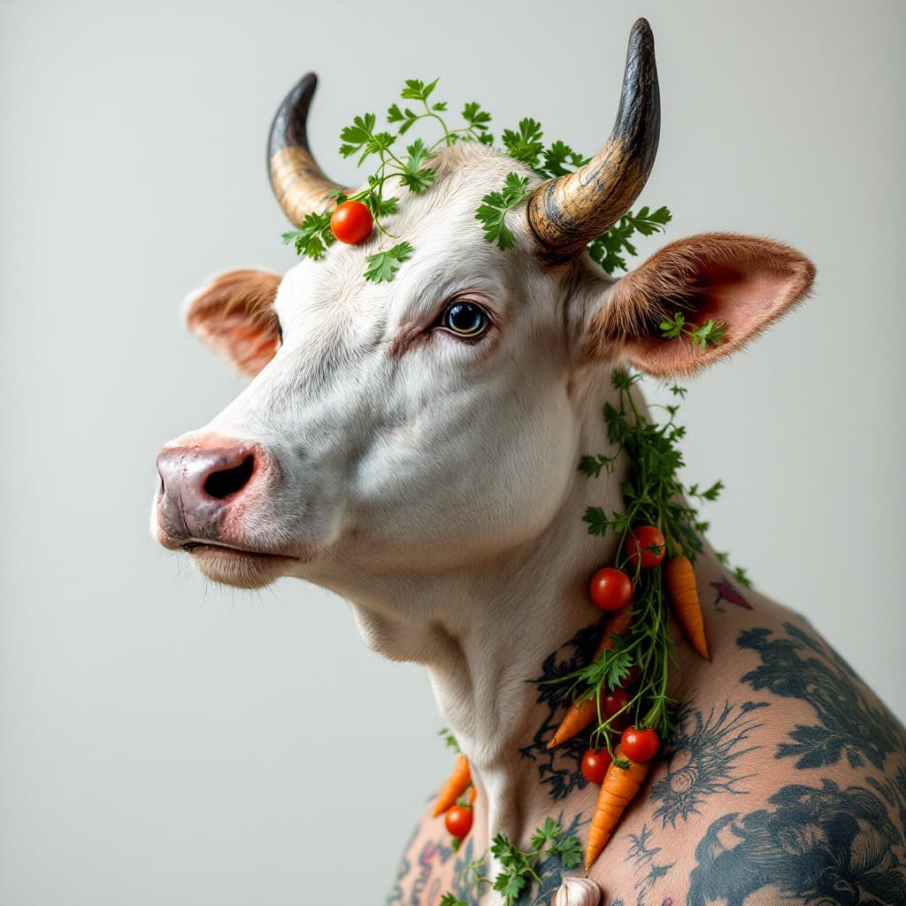 AI generated: photography close up, studio portrait of a shaved cow, tattooed veggies, coriander, garlic, tomatos,...