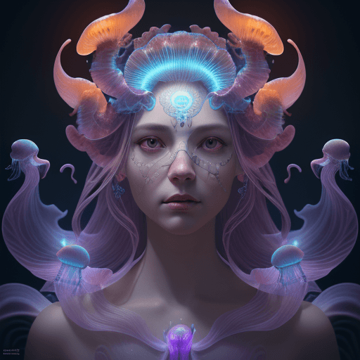 AI generated: Goddess close-up portrait ribcagel. jellyfish phoenix head, nautilus, orchid, skull, betta fish, bio...