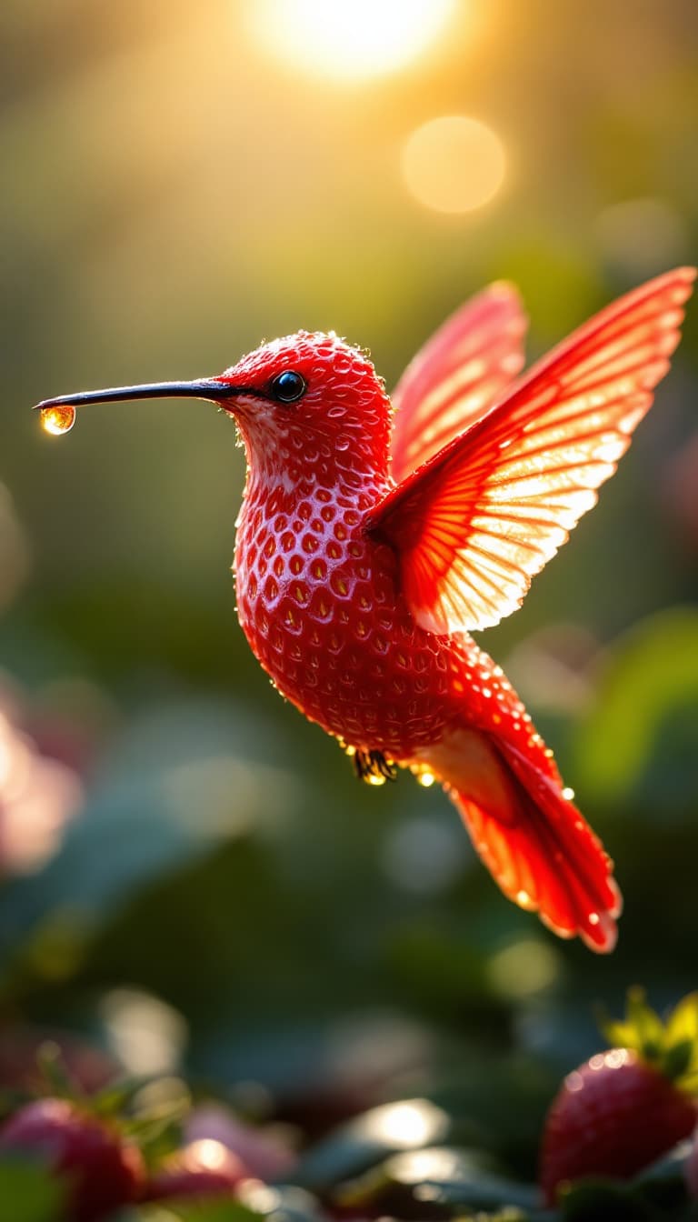AI generated: A hyper-realistic macro photograph of a hummingbird sculpted entirely from a ripe, glistening strawb...