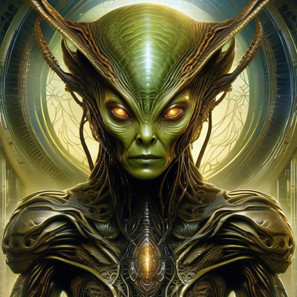 AI generated: An ethereal alien humanoid bio-Regenerator, muscular body that seems to be made of living tissue, gr...