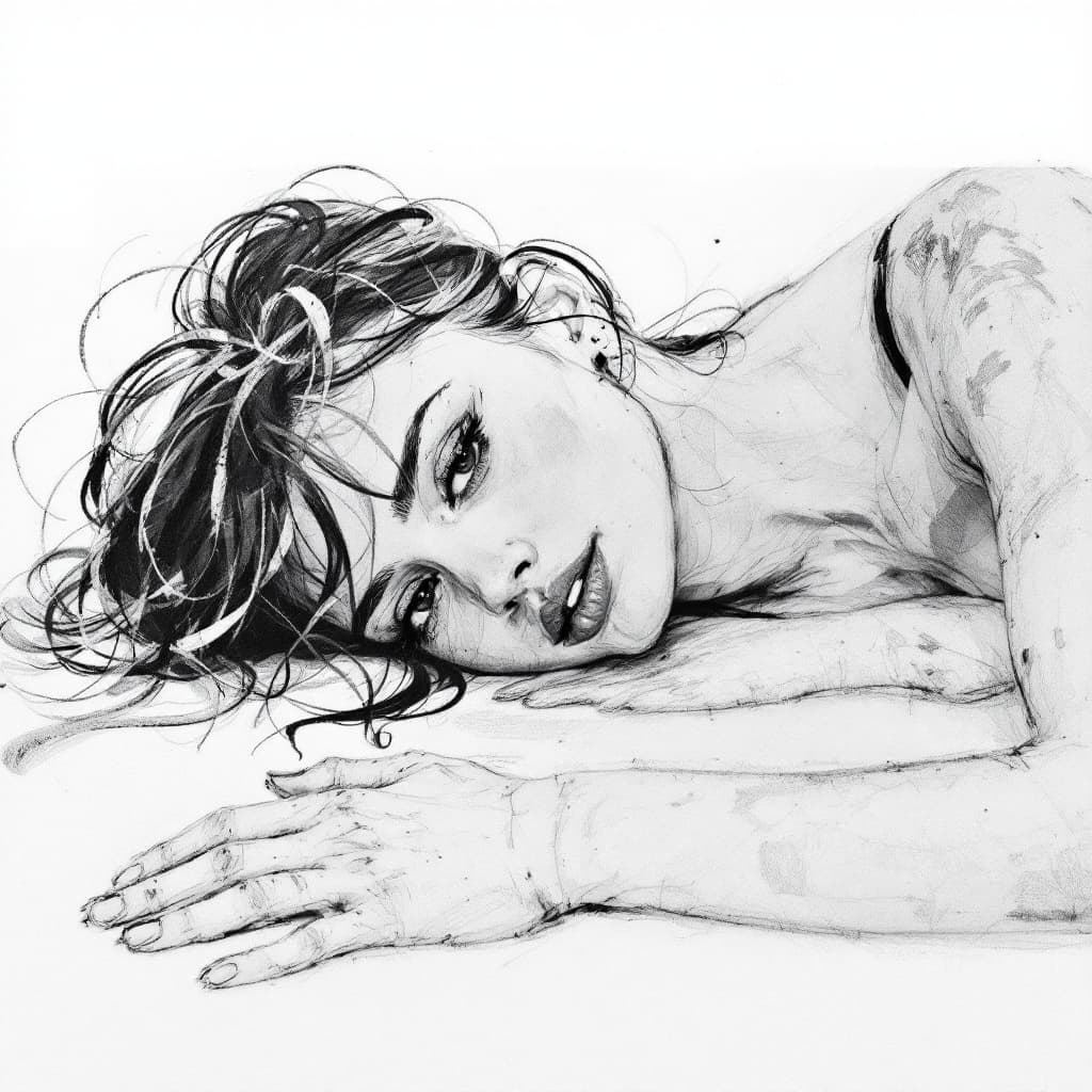 AI generated: a woman laying on the floor with her hands on the floor, drawing, sketch, pencil drawing, smudges