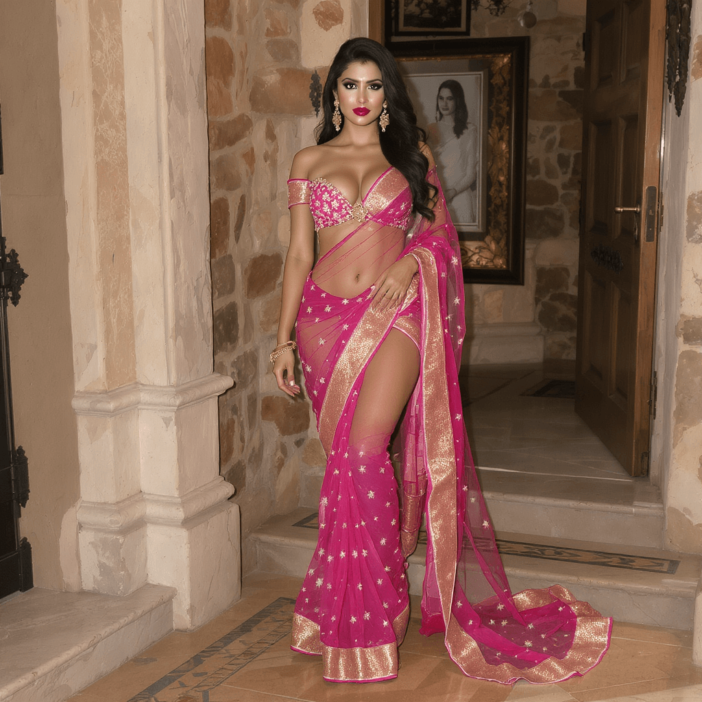 AI generated: busty fair indian in sexy transparent saree with off shoulder blouse and high heels showing navel