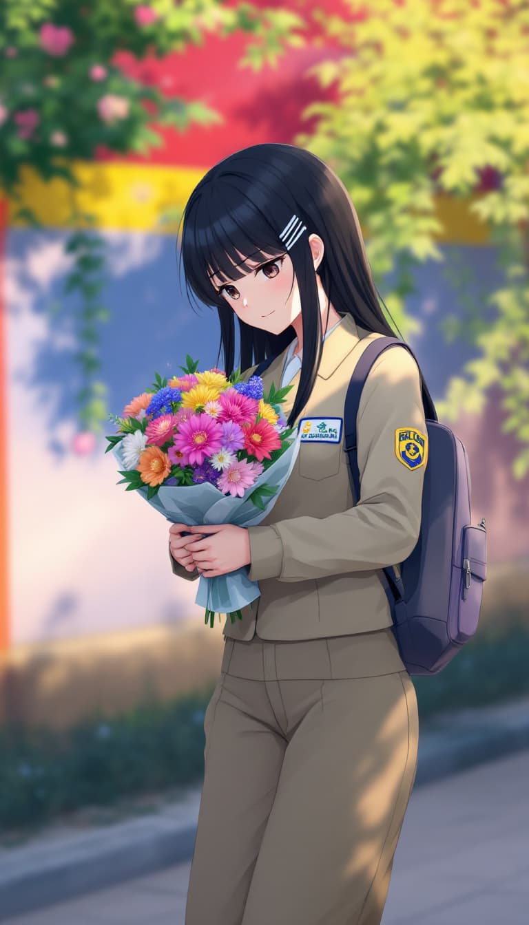 AI generated: In the image, a anime is seen walking outdoors, Lowering the face to the side right down, holding a ...