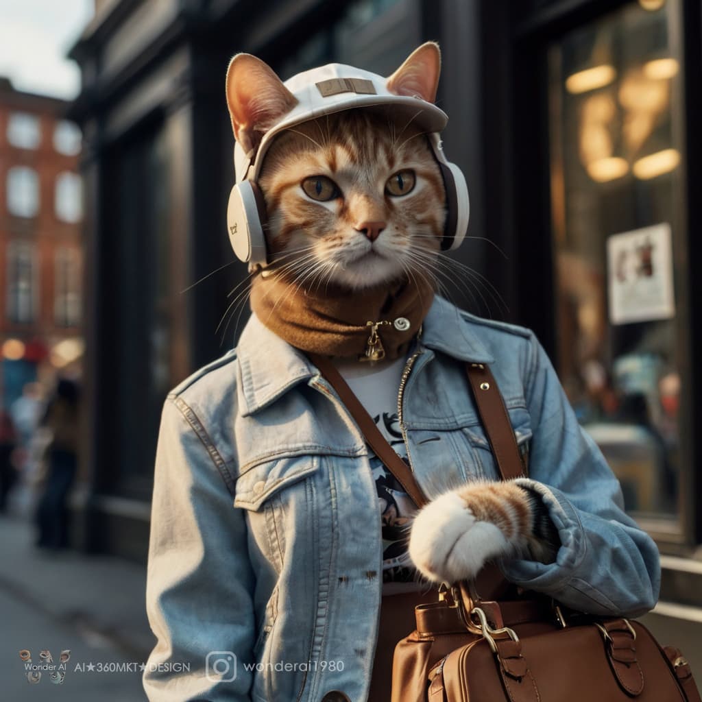 AI generated: Personification – a cat named "Street Style Influencer Kitty" dressed in Coach clothing, with a Coac...