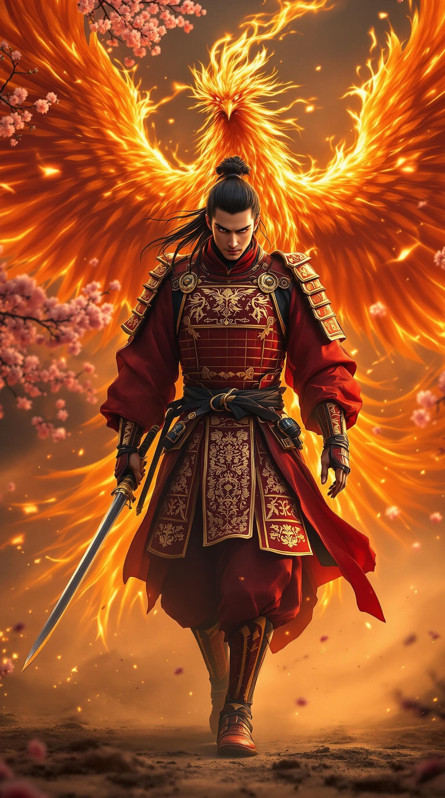 AI generated: An ultra-realistic, full-body portrait ,of a young, regal Japanese samurai strides forward toward th...