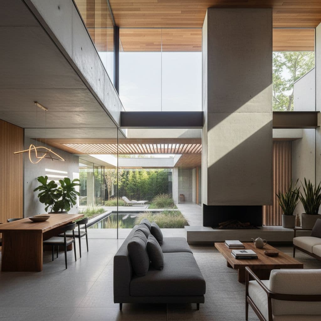 AI generated: Hyper realistic eye level photo of a modern house, daylight, indirect lighting, furniture