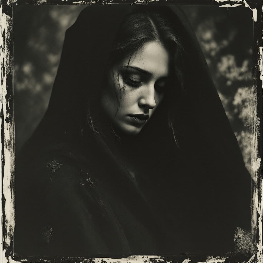 AI generated: woman, old polaroid photo, medieval, sad mood, b&w