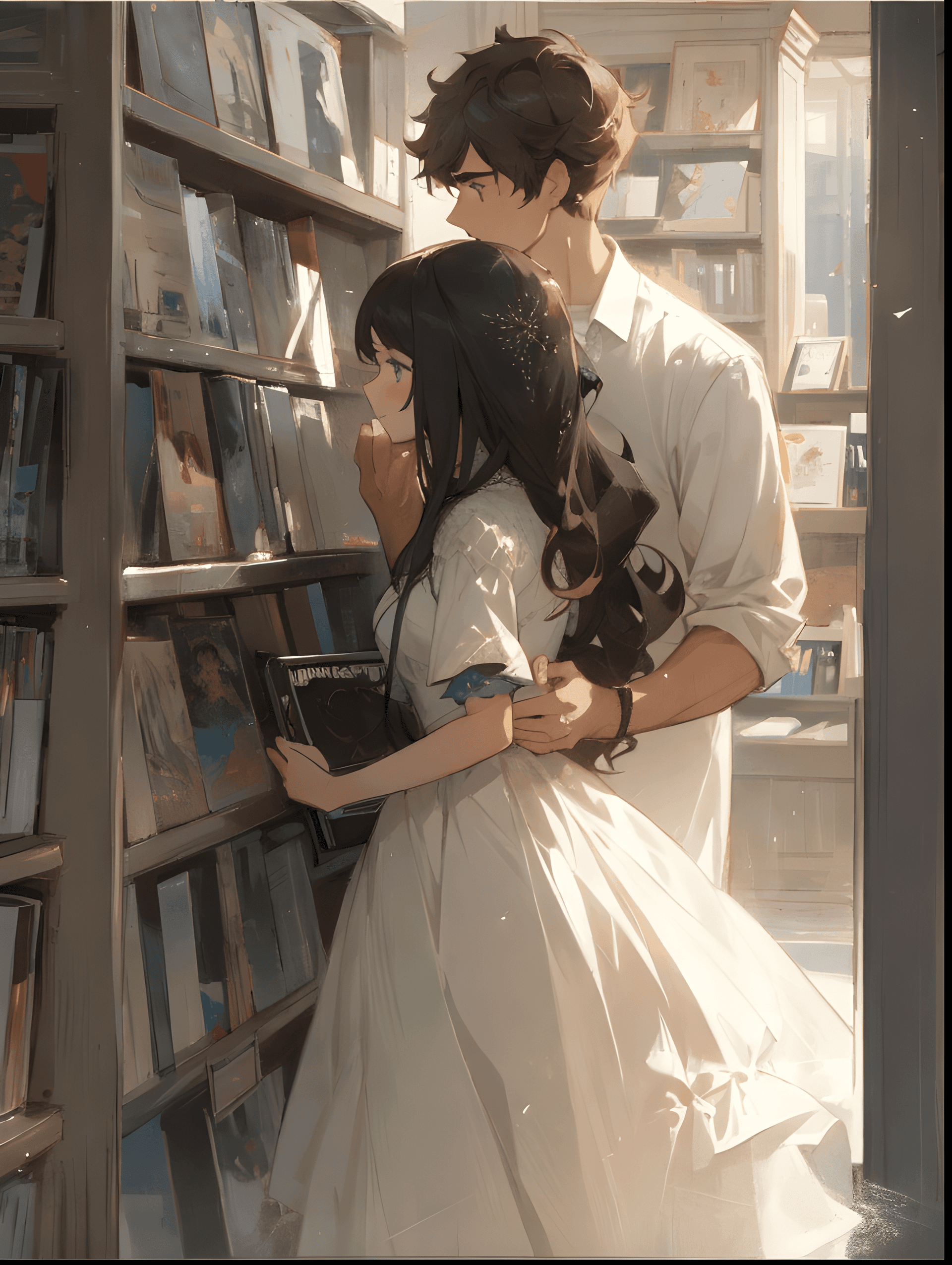 AI generated: a man and a woman standing in front of a bookshelf, a detailed painting, by Yanjun Cheng, tumblr, we...