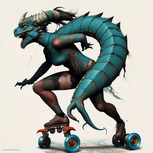 AI generated: female dragonborn, doing quad roller skates, highly detailed, comprehensive cinematic, Carne Griffit...