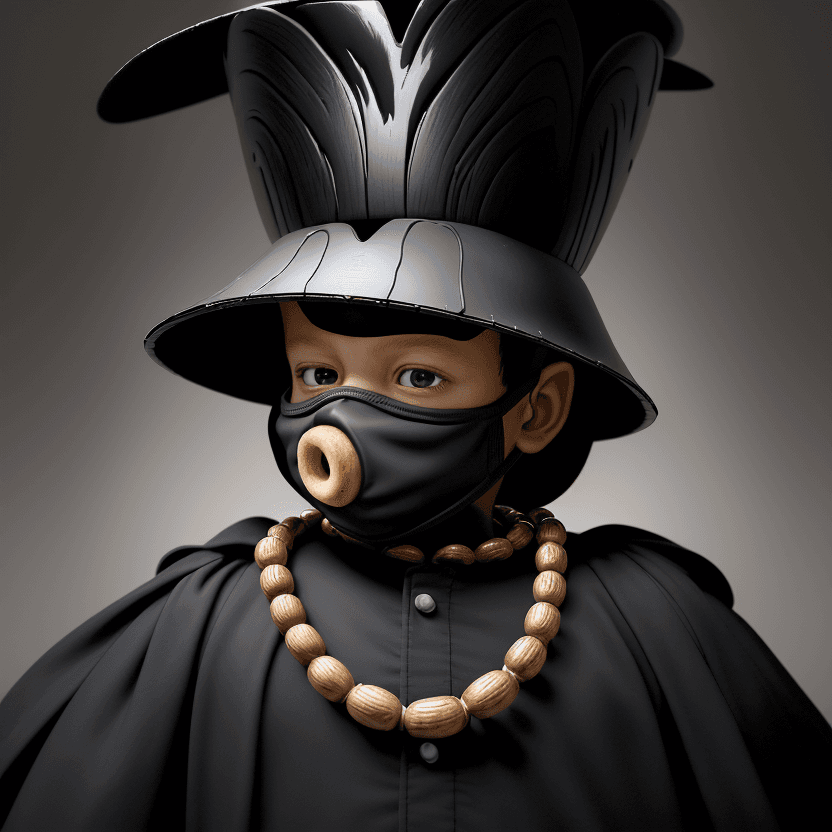 AI generated: 5 year old boy in a black ape wooden helmet mask and black suit, black hat with a salty donut in his...