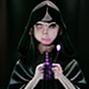 AI generated: immature girl with straight long black hair in a dark atmosphere wearing a black dress with a hood, ...