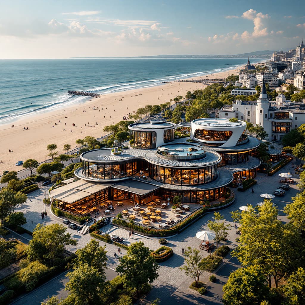 AI generated:  Bird's eye View of  modern Cafe comes restaurant with 3 built structure  with  paris's Architecture...