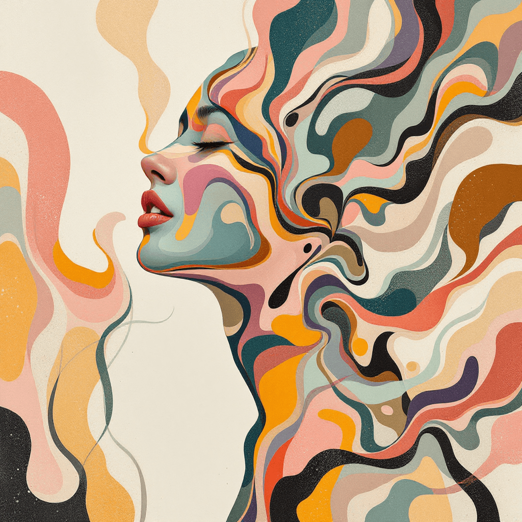 AI generated: Woman’s emotions are an ever-changing series of abstract patterns, flowing across her body and trans...