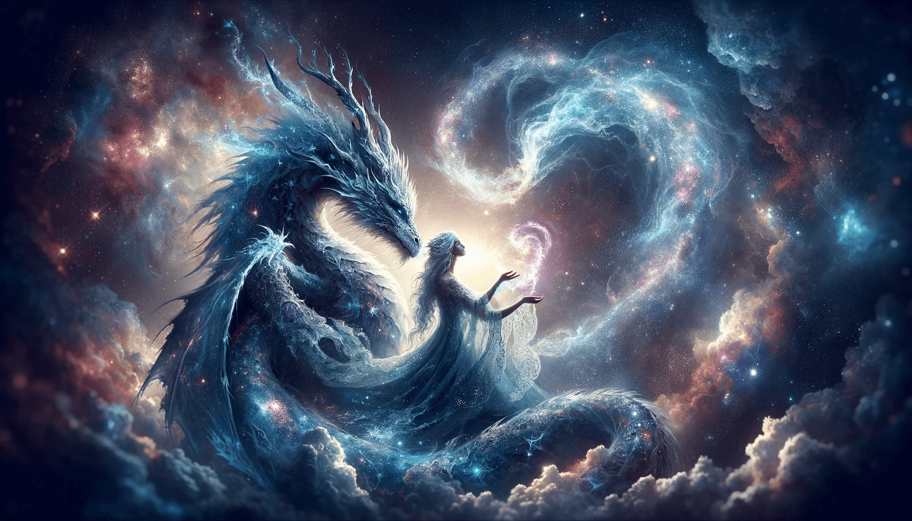 AI generated: Create an artistic representation of 'celestial love' through a dragon and its queen, set in a cosmi...