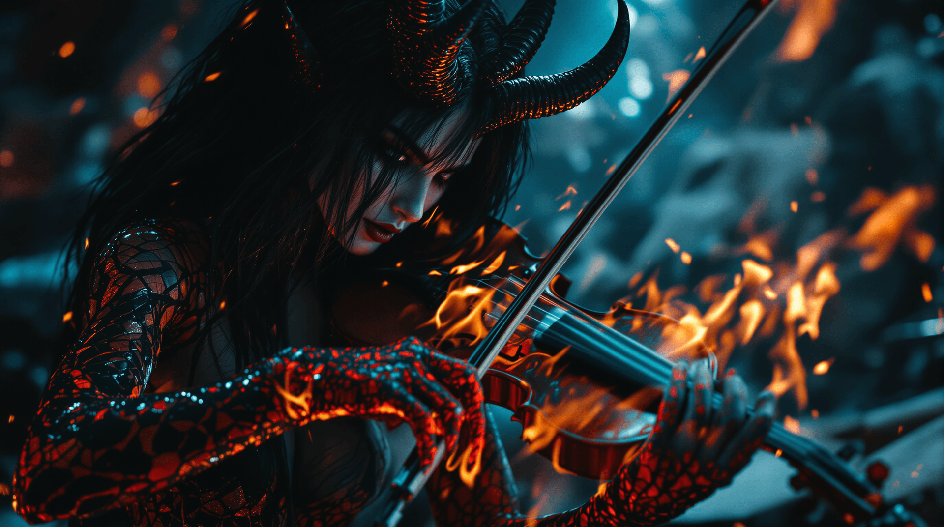 AI generated: A centered close-up shot focusing on the demonic musician's hands on the violin fingerboard, reminis...