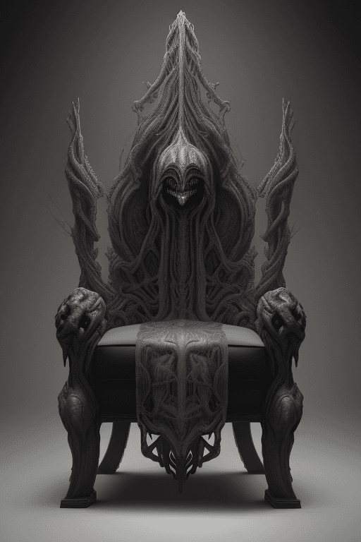 AI generated: huge HR Giger style chair, concept furniture, painting on grey, hyper realistic, illustration, digit...