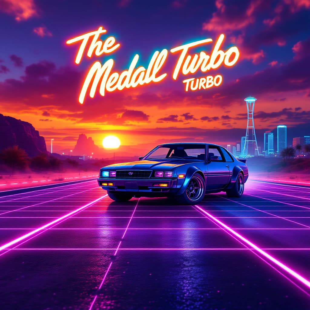 AI generated: A 1980s-style synthwave wallpaper of the Nissan Laurel Medalist Turbo, parked on a glowing desert hi...