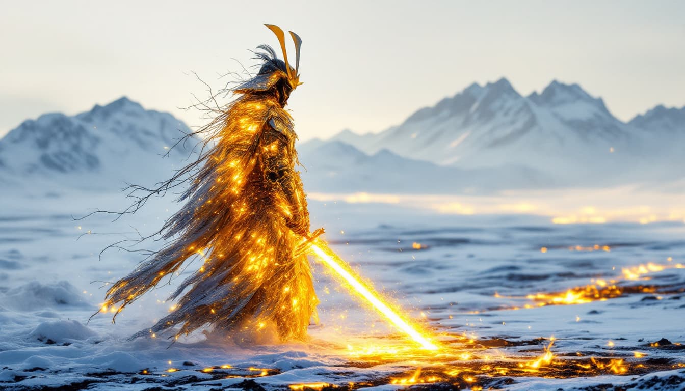 AI generated: A samurai clad in armor woven entirely from rays of sunlight, standing in a snowy and desolate lands...