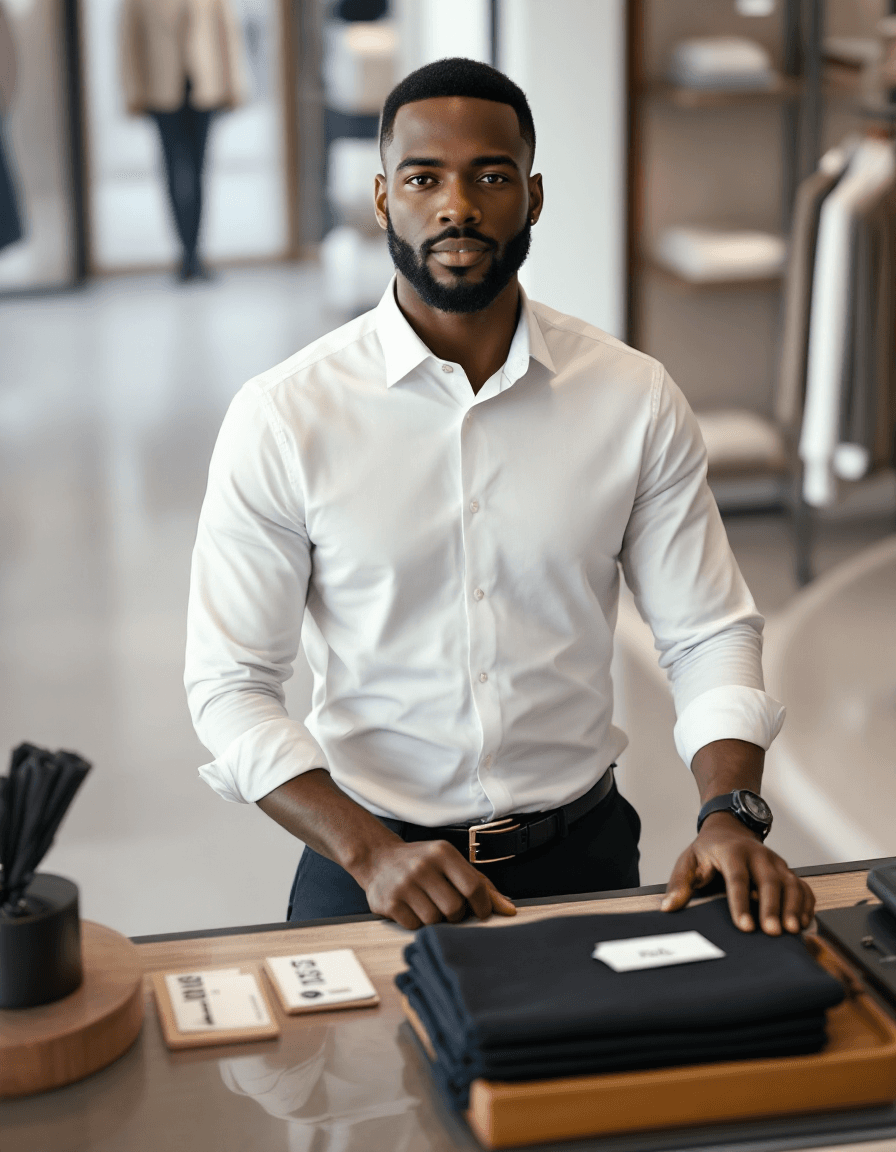 AI generated: An Afro-American male sales clerk wearing white business shirt, stands behind the checkout counter i...